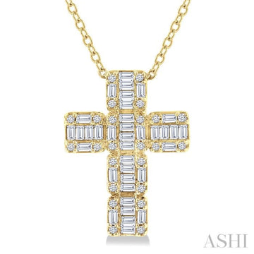 1/2 Ctw Fusion Baguette and Round Cut Diamond Cross Fashion Pendant With Chain in 14K Yellow Gold